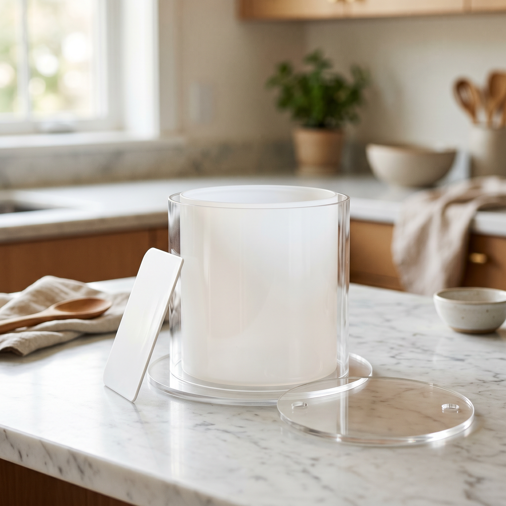Round Cake Form kit with clear acrylic form and food-grade silicone liner on a marble counter