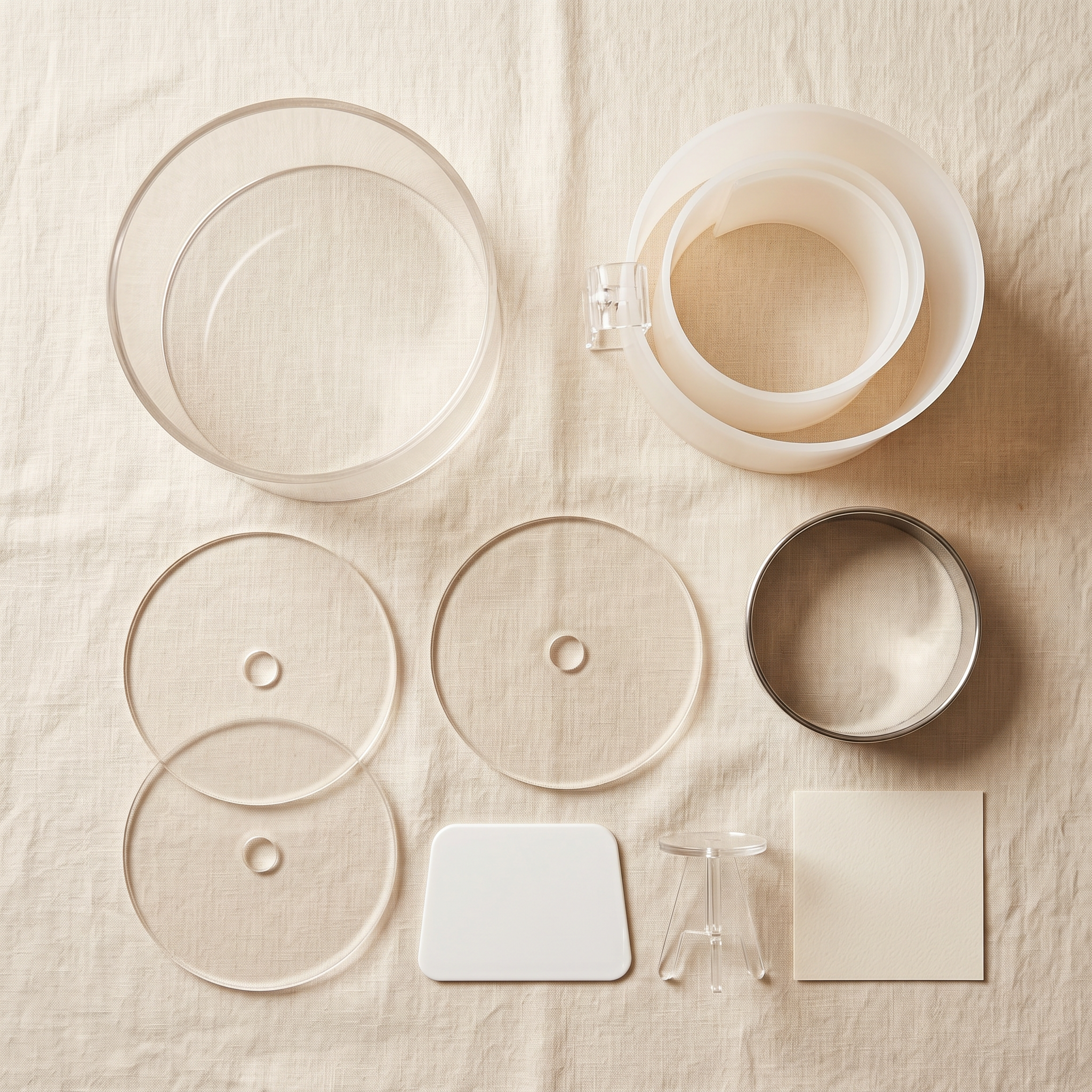 Everything included in the Round Cake Form kit laid out flat