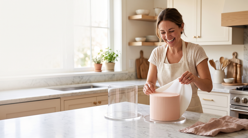 Baker revealing a smooth blush cake with the Cake Form system