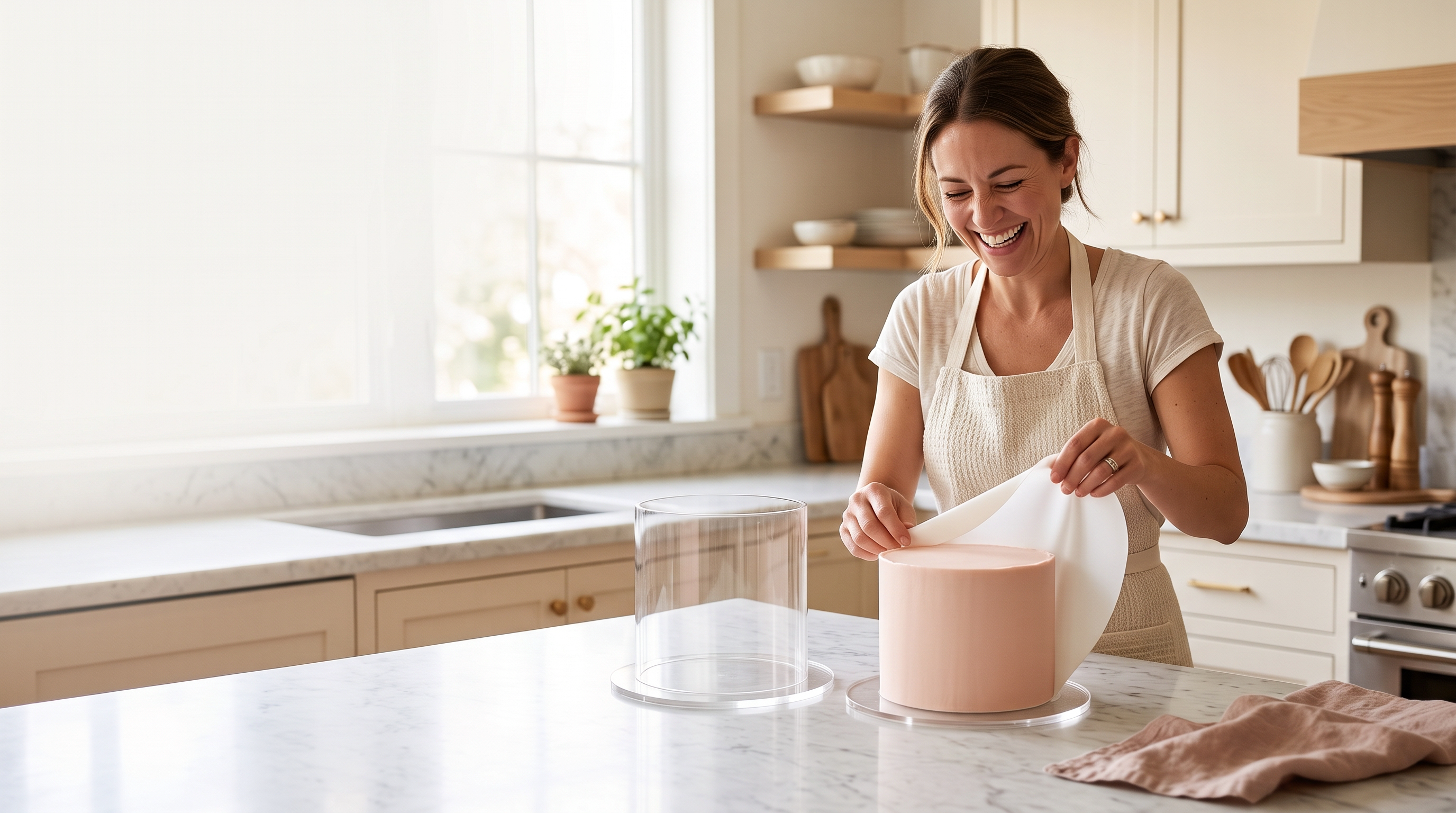 Baker revealing a smooth blush cake with the Cake Form system