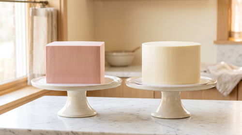 Finished square cake with crisp corners next to a round cake