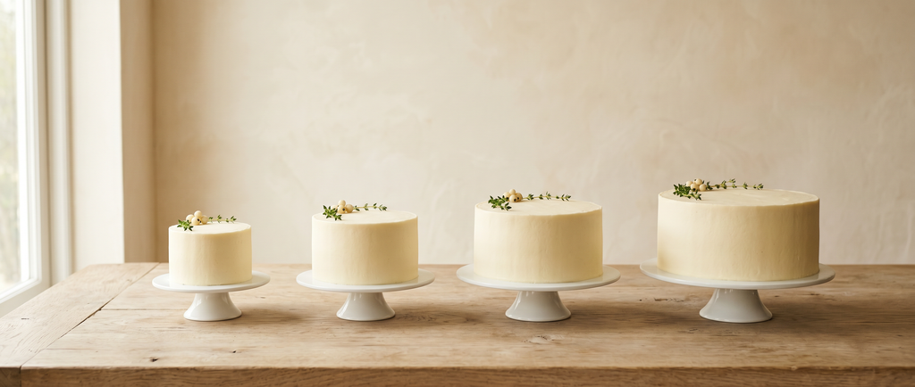 Four sizes of finished cakes: 4, 6, 8 and 10 inch