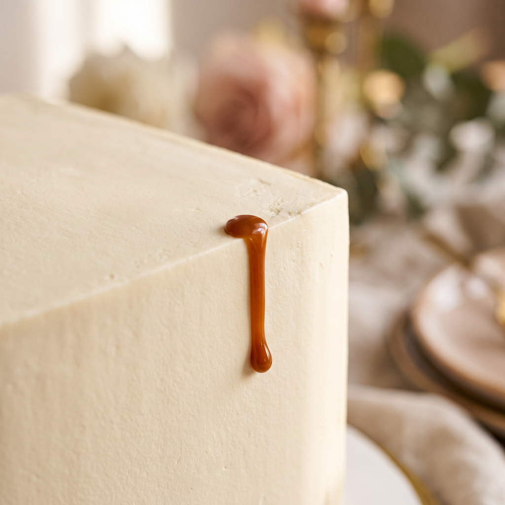 Silky smooth buttercream texture with sharp edge and caramel drip